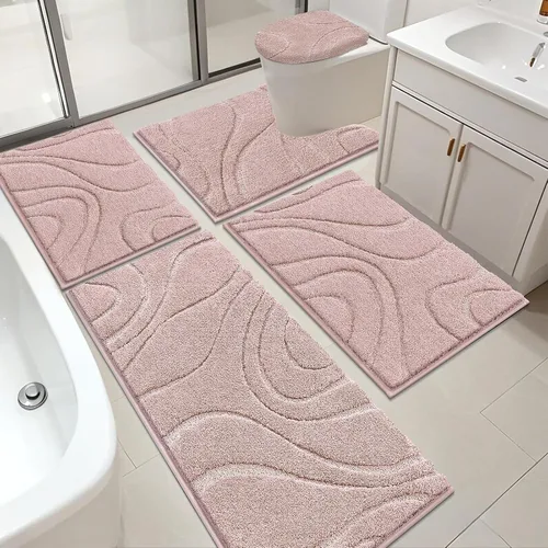 Miniatura 13 de Juego de alfombras de baño HEBE de 5 piezas, tapete de baño de microfibra suave y absorbente para el baño, juego de alfombras de baño antideslizante