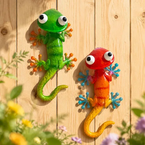 Miniatura 9 de HONGLAND Arte de pared de Gecko de metal, 2 unidades de lagarto de 15 pulgadas, decoración para exteriores, escultura de vidrio colgante, decoración
