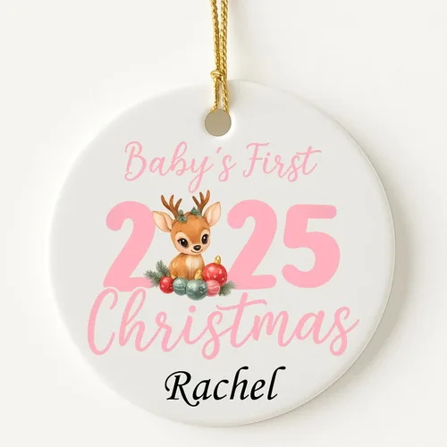 Miniatura 9 de Adorno personalizado para la primera Navidad del bebé 2025, recuerdo redondo de cerámica con nombre personalizado, decoración de árbol de Navidad