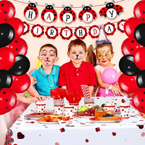 Miniatura 5 de Sumind Juego de 200 decoraciones de fiesta de cumpleaños con temática de mariquita, suministros para fiestas temáticas de mariquita, vajilla