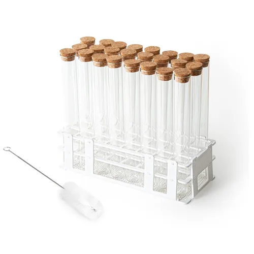 Miniatura 10 de 50 tubos de ensayo de vidrio transparente de 0.5 fl oz (0.512 x 3.937 in) con tapones de corcho y 1 estante de tubos de plástico de 50 agujeros