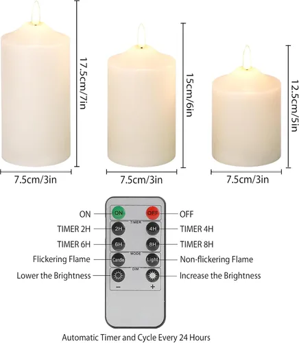 Miniatura 4 de JHY DESIGN Juego de velas 3D sin llama de 4/5/6 pulgadas de alta cera real, pilares LED parpadeantes con temporizador de control remoto de 8 teclas