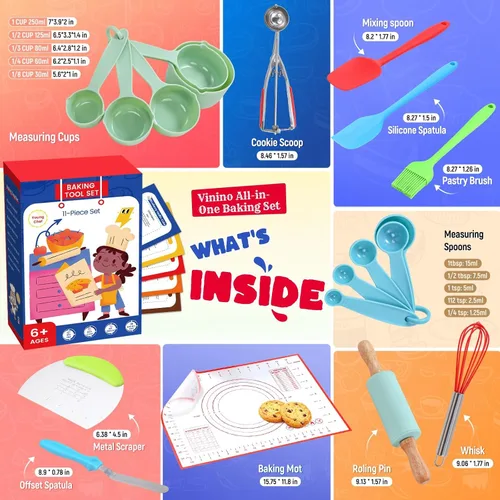 Miniatura 3 de Vinino Juego de 11 piezas para hornear y cocinar para niños, utensilios de hornear reales con libros de cocina para niños, accesorios de cocina
