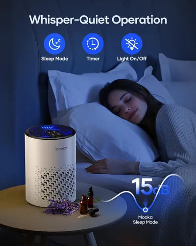 Miniatura 3 de Purificadores de aire para dormitorio y hogar, purificador de aire MOOKA HEPA para hogar y mascotas con esponja de fragancia para humo, polvo, Blanco