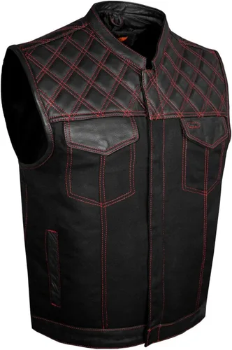 Miniatura 11 de GARGOYLE BELLS Chaleco de moto de mezclilla y cuero para hombre con bolsillos para pistola SOA Biker Club Chaleco con acolchado de diamante