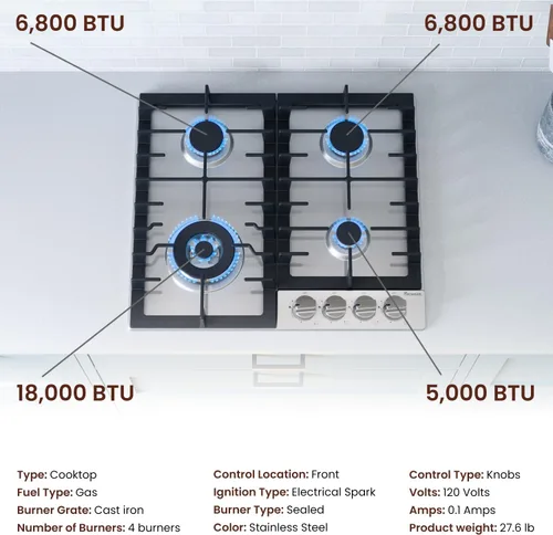 Miniatura 3 de Rangaire RCG241S - Placa de cocina de gas de 24 pulgadas, acero inoxidable, quemadores sellados, rejillas de hierro fundido, controles de quemador