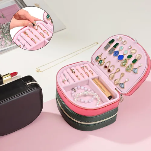 Miniatura 2 de ProCase Joyero de tamaño de viaje, pequeño joyero portátil en forma de concha de mar, mini organizador de joyas de 2 capas en piel sintética