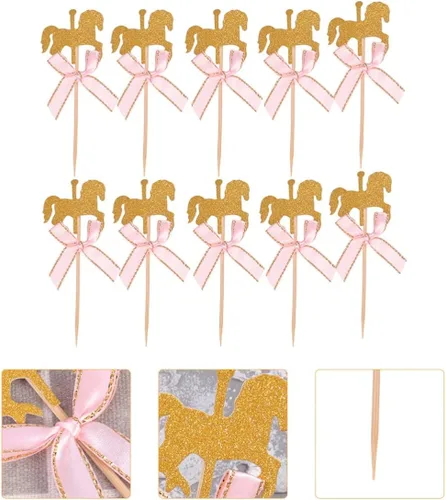 Miniatura 8 de Amosfun 50 piezas de carrusel de caballos de 4.72 x 1.77 pulgadas, decoración de madera para pasteles de cumpleaños, decoración de cupcakes