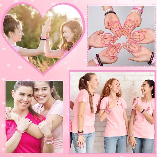 Miniatura 7 de JUNEBRUSHS 42 piezas de accesorios de concientización sobre el cáncer de mama, pulseras de silicona Esperanza Fe Fuerza Coraje, pulseras accesorios