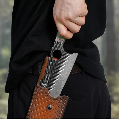 Miniatura 5 de SHANGDAO cuchillo de carnicero de Damasco de 7 pulgadas, cuchillos de cocina tipo clavícula vikinga con funda de cuero - Serie QILIN de 67 capas