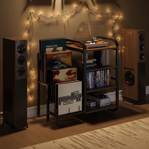 Miniatura 7 de Soporte para tocadiscos, mesa de almacenamiento de discos de vinilo de 4 niveles, soporte ajustable para tocadiscos, estante de vinilo con capacidad