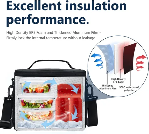 Miniatura 3 de Gloppie Fiambrera para hombres Bolsa de almuerzo para mujeres, a prueba de fugas almuerzo refrigerador bolsa negro gran almuerzo térmica
