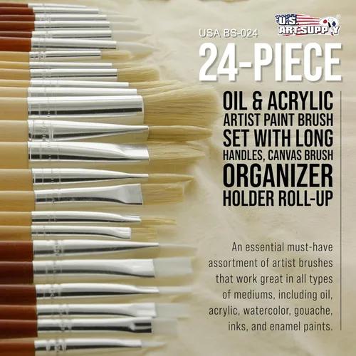 Miniatura 2 de U.S. Art Supply Juego de 24 pinceles de pintura acrílica y al óleo con asas largas, soporte organizador de pinceles de lona, redondo, puntas planas
