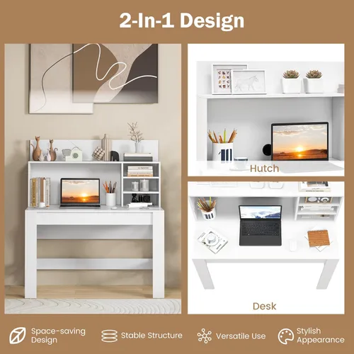Miniatura 8 de Tangkula Escritorio blanco con gabinete, escritorio de oficina en casa con estantería, escritorio de estudio de escritura con dispositivo anti-caída