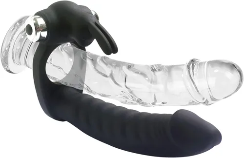 Miniatura 4 de Doble penetración vibratoria doble consolador con anillo de polla penetrador para hombres, parejas, enchufe anal, enchufe sexual de silicona, Negro