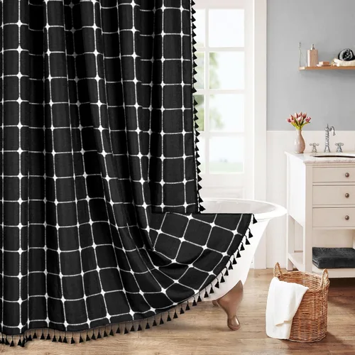 Miniatura 12 de MitoVilla Juego de cortinas de ducha estilo bohemio, modernas cortinas de ducha bohemias para decoración de baño, cortina de ducha de tela de lino