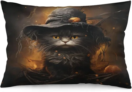 Miniatura 11 de Funda de almohada con sombrero de bruja con diseño de gato de 20 x 30 pulgadas, diseño de impresión de doble cara con cremallera invisible, Patrón 8