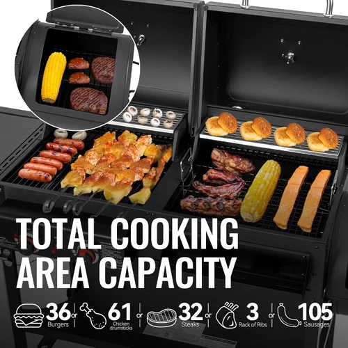 Miniatura 4 de Parrilla de gas y carbón combinada de 2 quemadores con ahumador lateral y quemador lateral, parrilla de combustible dual de 34.000 BTU, área