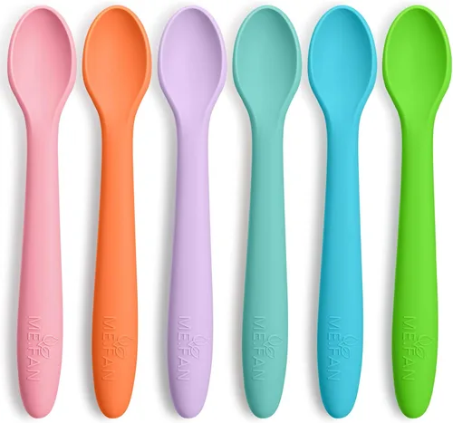 ME.FAN Cucharas de silicona para bebé, paquete de 6 cucharas de alimentación para bebés y bebés, niños pequeños, color brillante