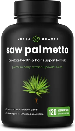 NutraChamps Suplemento de Saw Palmetto para la salud de la próstata [fuerza extra] Complejo de 600 mg con extracto, polvo de bayas y hierbas, apoya