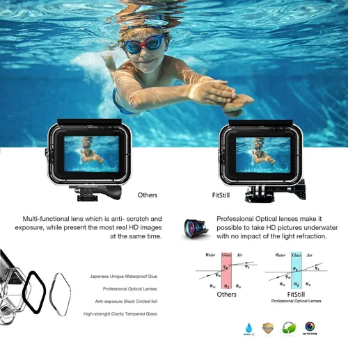 Miniatura 3 de FiTSTILL Funda impermeable subacuática para Go Pro Hero 13/12/11/10/9, color negro, carcasa protectora subacuática de buceo de 196 pies/60M