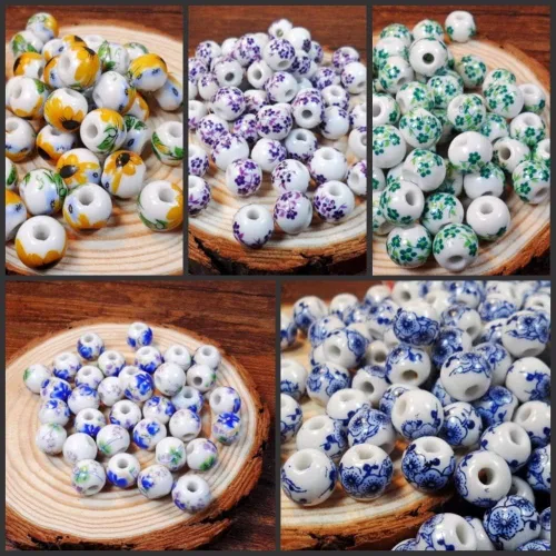 Calvas 50 unids/lote de 0.394 in agujero grande grande cuentas de cerámica flor azul y blanco granos de porcelana hechos a mano DIY joyería