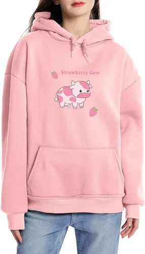 Miniatura 2 de KEEVICI Sudaderas con capucha para mujer, con estampado de vaca de fresa, casual, mullida