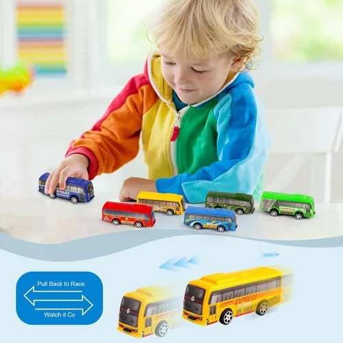 Miniatura 4 de Juego de 16 piezas de vehículos de autobús urbano con tracción trasera, mini autos para niños pequeños, vehículos de carreras impulsados por