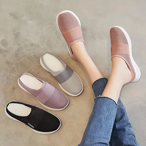 Miniatura 7 de Pantuflas planas de malla de punto para mujer, tela de malla transpirable sin espalda, antideslizantes, suela suave, cómodas, sin cordones