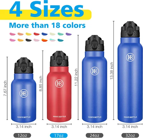 Miniatura 2 de Han's Bottle Botella de agua para niños con tapa con pajilla, vaso reutilizable de acero inoxidable aislado para niñas, niños, taza térmica, 17 Rojo