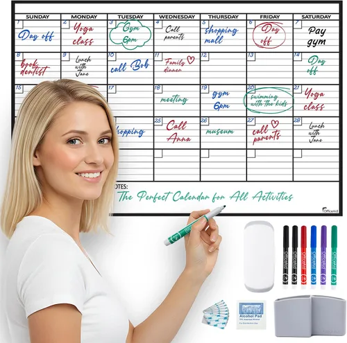 Calendario pequeño de borrado en seco para pared de 17 x 26 pulgadas, mes en blanco para niños, oficina, agenda de aula, planificador mensual