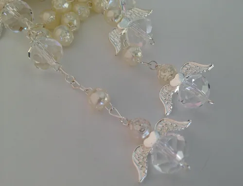 Miniatura 3 de 25 Pc Ivory Color Baptism Favors with Angels Mini Rosaries Silver Plated Acrylic Beads Recuerditos De Bautismo Christening Favors Decenarios Decades