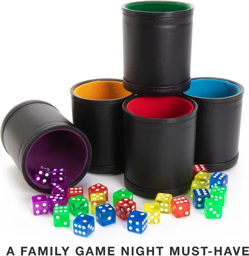 Miniatura 7 de Brybelly Juego de dados con taza de dados – Perfecto para juegos de dados de casino para la familia de dados de cuero – Coctelera de dados de póker