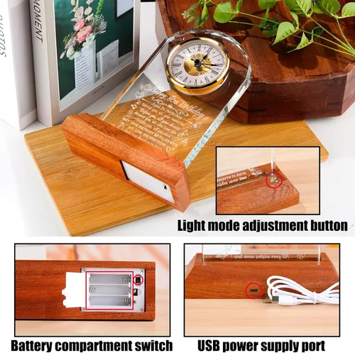 Miniatura 6 de Arikyrist Reloj de cristal de feliz cumpleaños 80 para hombres y mujeres, reloj de cuarzo con base de luz LED de madera, regalos de cumpleaños de 80
