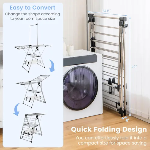 Miniatura 3 de Giantex Estante de secado de ropa, estante de secado de ropa plegable con altura ajustable de 6 niveles, diseño de colgador alto, clips laterales
