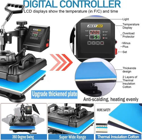 Miniatura 3 de AKEYDIY Máquina de prensa de calor profesional 5 en 1 para camisetas, combo de prensa de calor digital, 12 x 15 pulgadas, máquina de prensa