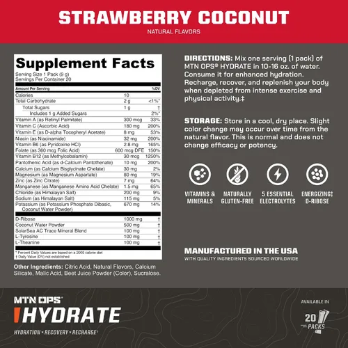Miniatura 2 de MTN OPS Hydrate Electrolytes - Mezcla de bebida en polvo, 20 paquetes de electrolitos individuales para llevar con más de 1000 mg de electrolitos