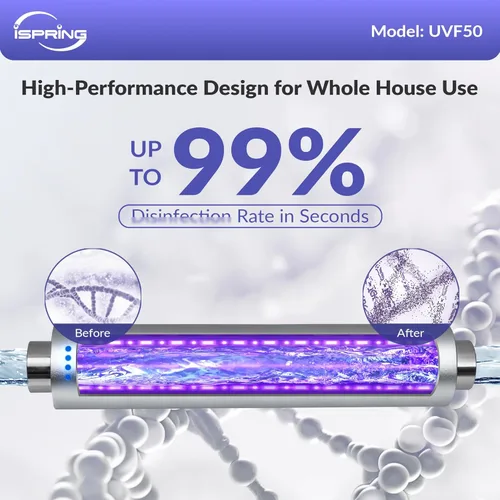 Miniatura 2 de iSpring Sistema de filtro de agua UV UVF50 LED, filtro purificador de agua ultravioleta para toda la casa, diseño LED de larga duración, interruptor