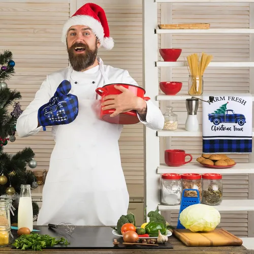 Miniatura 5 de Leinuosen Juego de 6 Piezas de Cocina de Navidad Juego de Toallas de Mano para Platos, Soportes para Ollas y Guantes de Horno Toallas de Té