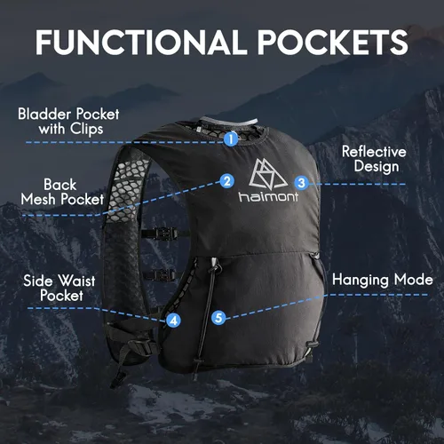 Miniatura 6 de Chaleco de hidratación para correr Haimont, paquete ligero de 5L para mujer y hombre, para correr en senderos Bounce-Free Fit, Front Fuel Storage