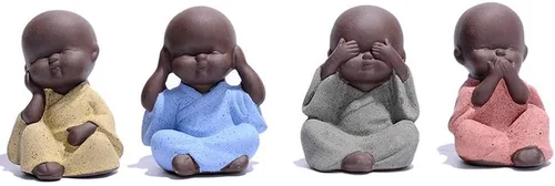 4 figuras de cerámica de cuatro monjes sabios, lindas mascotas de té de porcelana blanca (oído/ver/hablar/no hacer el mal) - Mini adorno zen para