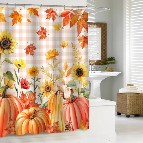 Miniatura 7 de Cortina de ducha de hojas de otoño, cortinas de calabazas de otoño para baño, cortina de baño de arce con búfalo naranja, cortina de baño