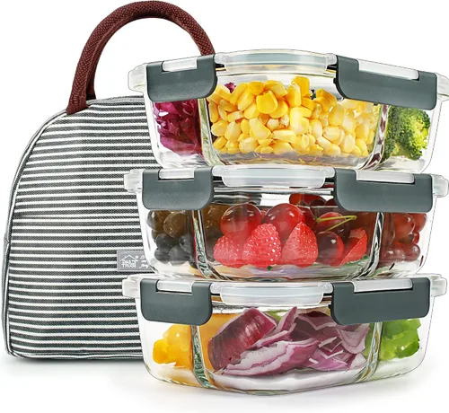 Miniatura 12 de DAS TRUST Paquete de 3 recipientes de almacenamiento de alimentos, 2 compartimentos, recipientes de vidrio para preparación de comidas con tapas