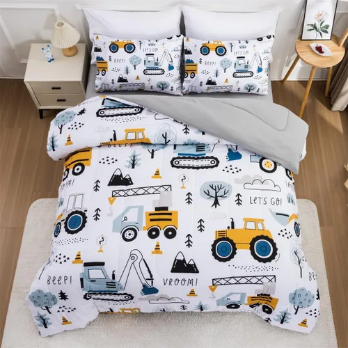 Miniatura 12 de NTBED Juego de edredón individual de 5 piezas con diseño de camión de construcción para niños varones, cama en una bolsa, vehículos excavadora, Azul