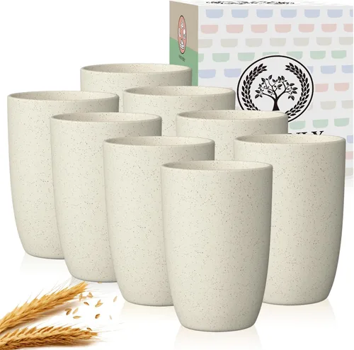Miniatura 12 de Homienly Tazas de paja de trigo 8 piezas, tazas de plástico irrompibles, taza de beber reutilizable, apta para lavavajillas, vasos de agua con Beige