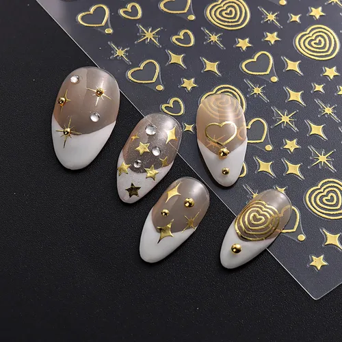 Miniatura 2 de Calcomanías de arte de uñas doradas, diseño de sol, luna, estrellas, línea de corazón, flores, calcomanías autoadhesivas para uñas, calcomanías