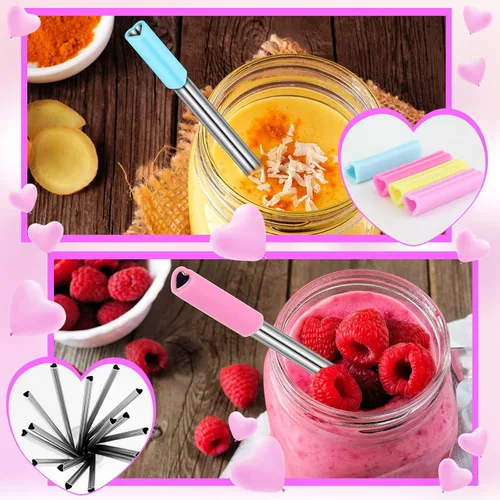 Miniatura 5 de Jutom Paquete de 16 pajitas de metal con forma de corazón, reutilizables, de acero inoxidable con puntas de silicona, lindas con 2 cepillos