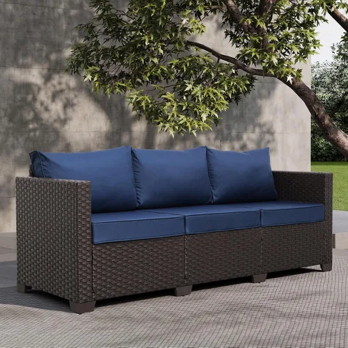 Miniatura 3 de Valita Muebles de patio de 3 asientos, sofá de mimbre marrón, muebles de exterior, sofá de exterior, asiento profundo, respaldo alto, funda Azul