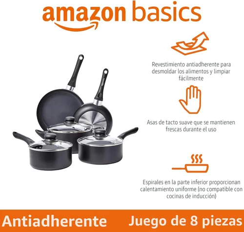 Miniatura 2 de Amazon Basics - Juego de utensilios de cocina antiadherentes de 8 piezas, sin inducción, incluye ollas y sartenes, color negro