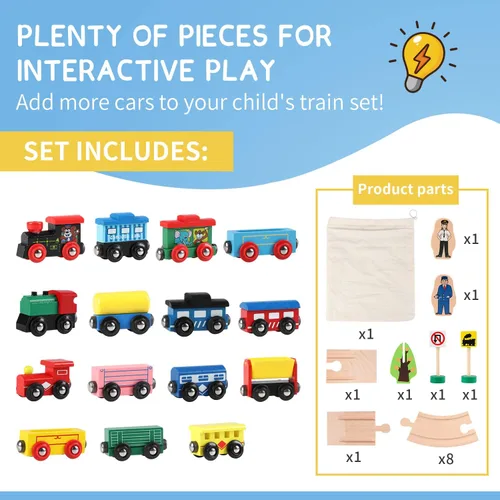Miniatura 2 de 31 piezas de vagones de tren de madera - Juego de tren magnético incluye 15 vagones, 10 conectores de bonificación y bolsa de almacenamiento, juego